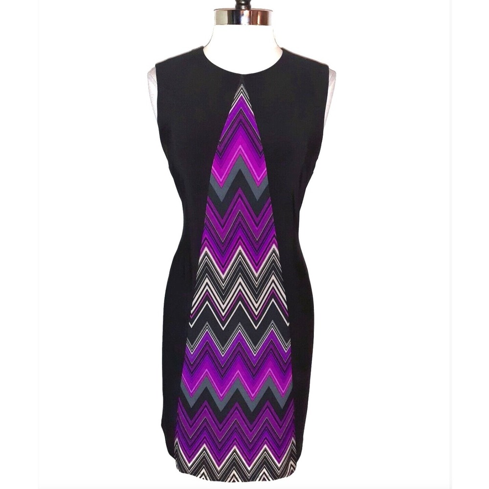 Evan Picone Chevron Sheath Sleeveless Dress Women's 8 Black Purple‎ Career Knit